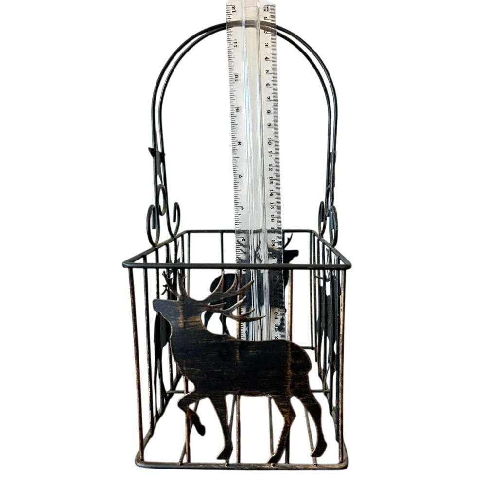 Rustic Metal Reindeer Christmas Basket Star Handle Black Distressed 12in